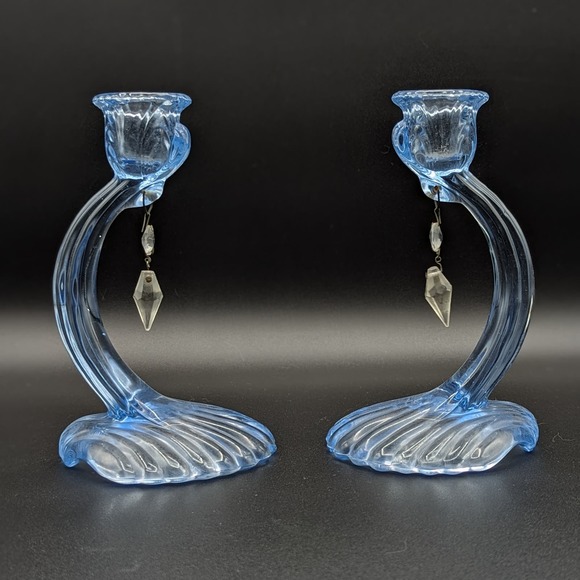 Cambridge Glass Other - Pair Of Cambridge Glass Blue Caprice Candle Holders Art Deco Elegant Glass 7.5"